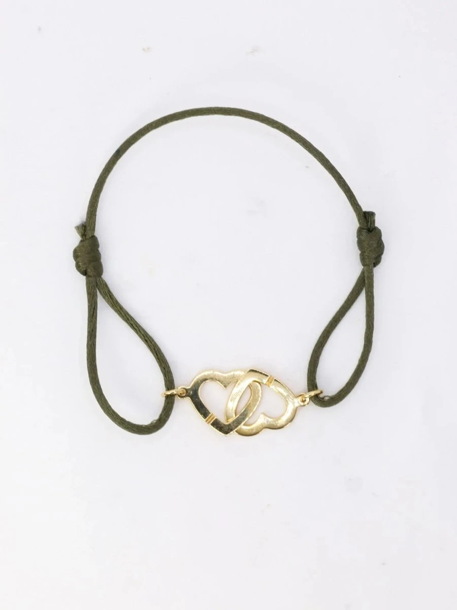 DINH VAN Bracelet Double Coeur Or Jaune Cordon Kaki 6 DINH VAN Bracelet Double Coeur Or Jaune Cordon Kaki – Image 6