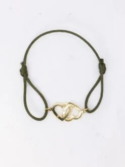 DINH VAN Bracelet Double Coeur Or Jaune Cordon Kaki