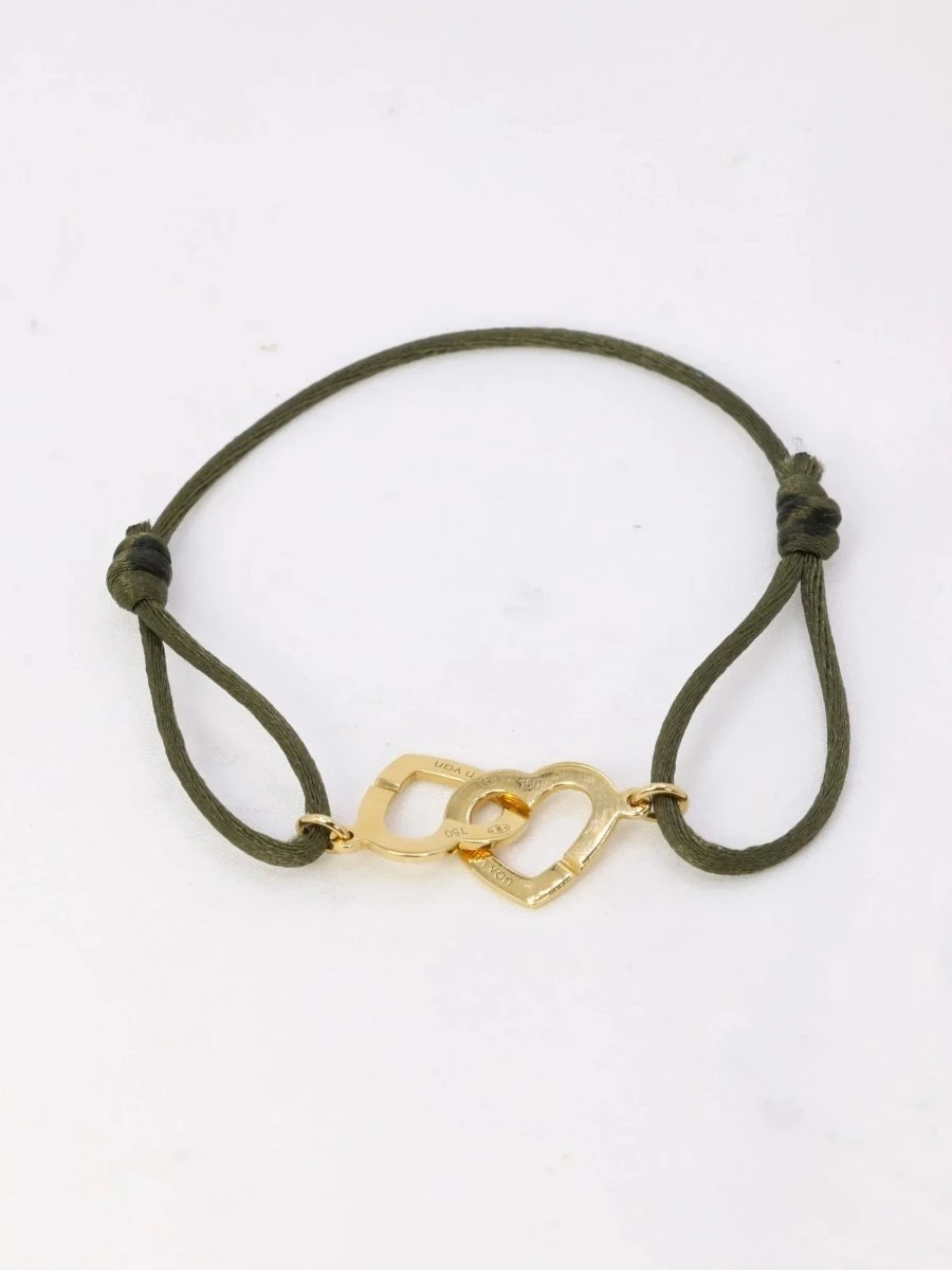 DINH VAN Bracelet Double Coeur Or Jaune Cordon Kaki 4 DINH VAN Bracelet Double Coeur Or Jaune Cordon Kaki – Image 4