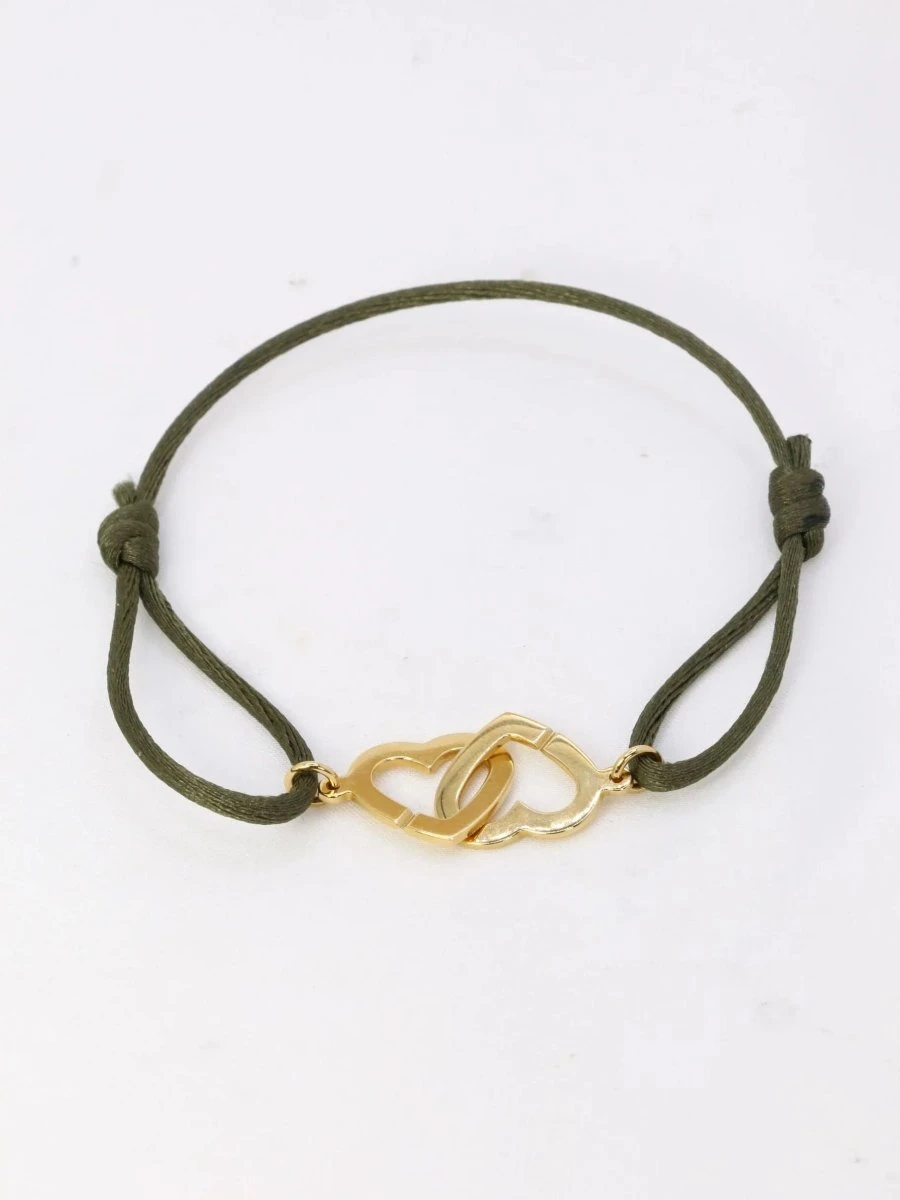 DINH VAN Bracelet Double Coeur Or Jaune Cordon Kaki 3 DINH VAN Bracelet Double Coeur Or Jaune Cordon Kaki – Image 3