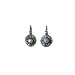 Boucles D'oreilles Dormeuses En Or Rose, Argent, Perles Et Dimants.
