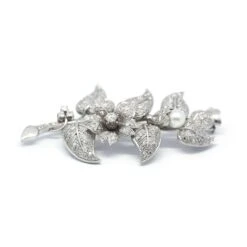 Broche Branche Florale - Or, Diamants Et Perles