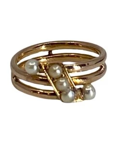 Bague En Or 18 Carats à Double Anneaux Tubulaires Sertis De 5 Perles, Vers 1900