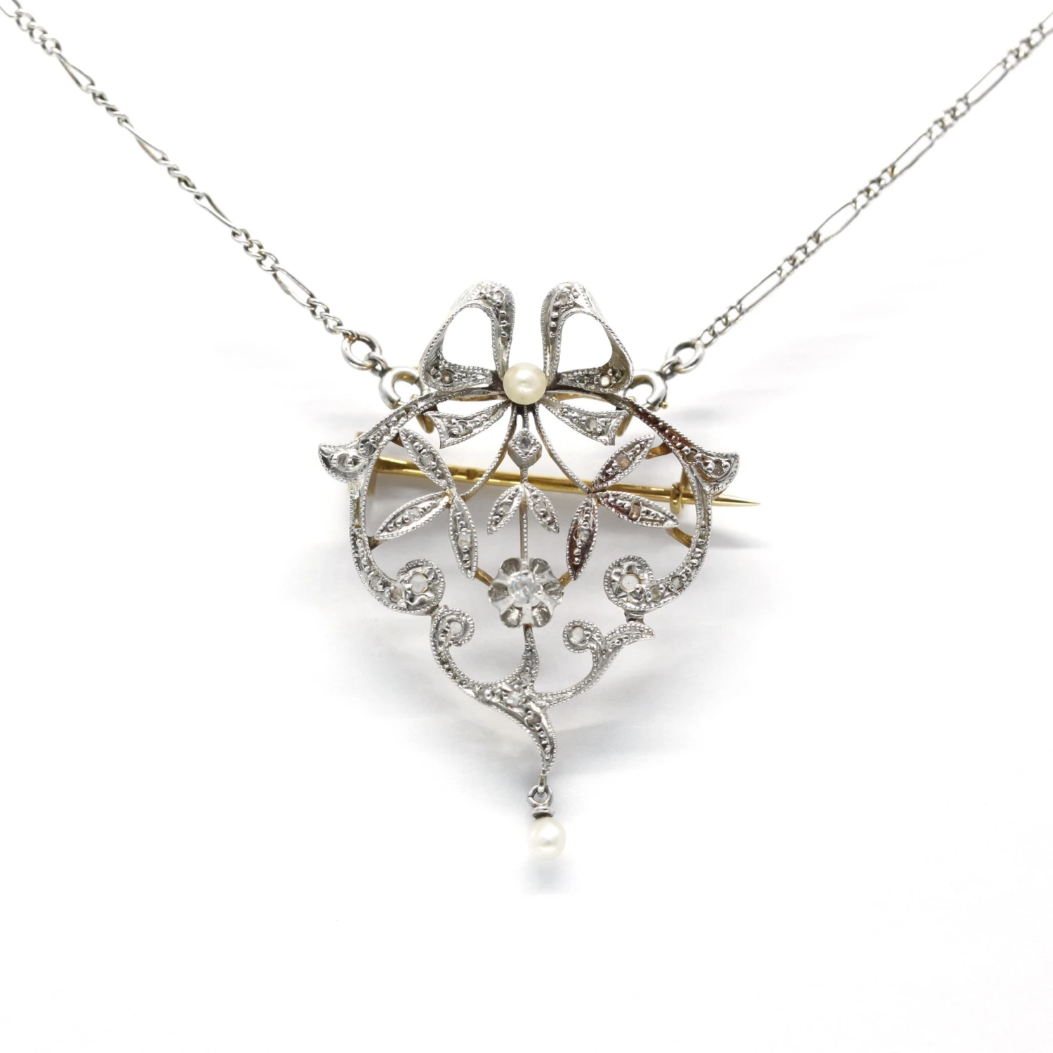 Collier Broche - Or, Platine, Diamants Et Perles 1 Collier Broche - Or, Platine, Diamants Et Perles