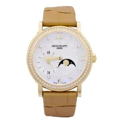 Miller Montre PATEK PHILIPPE "Calatrava Moon Phase" Or Jaune, Nacre, Diamants, Cuir.